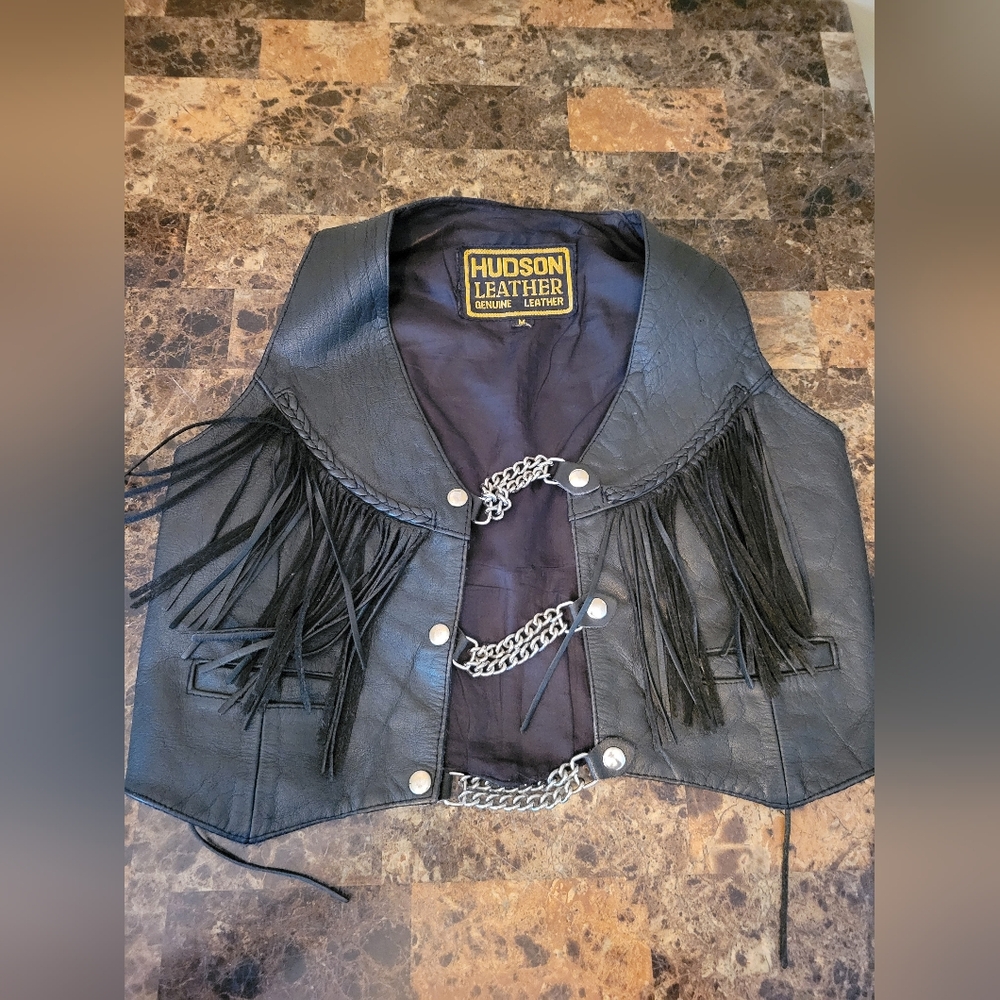 Womans Black Hudson Leather Fringe Vest M